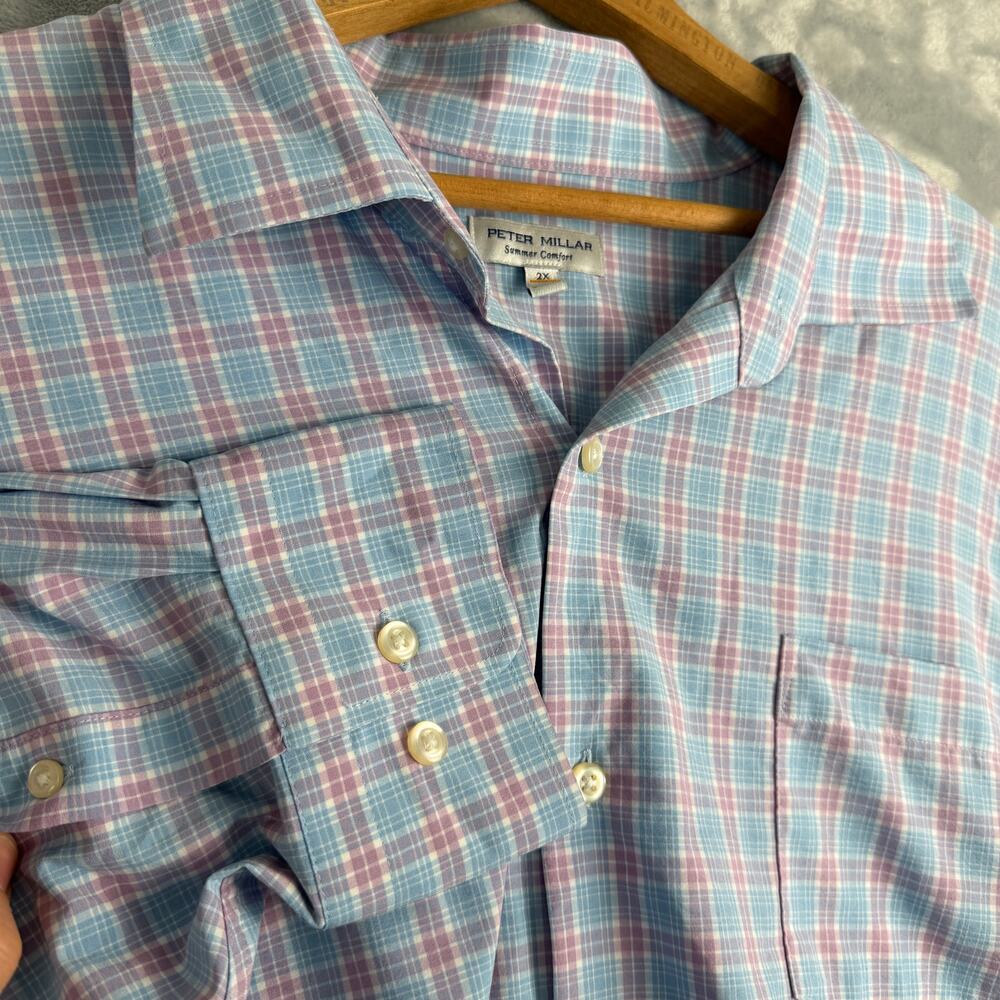 Peter Millar Shirt Men's 2XL Blue Mini Check Cotton Long Sleeves Button Down